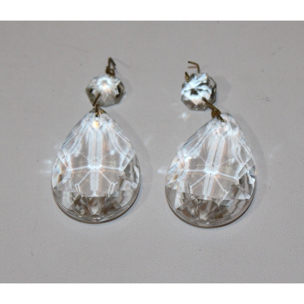 set of 10 vintage chandelier prisms clear glass teardrop faceted 2-piece - Picture 7 of 13